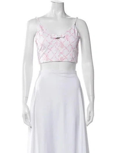 Pre-owned Loveshackfancy Floral Print V-neck Crop Top In White