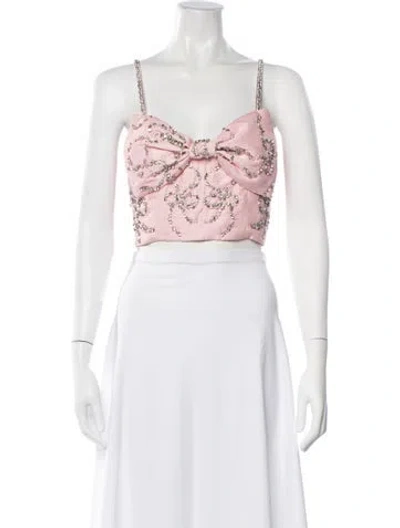 Pre-owned Loveshackfancy Floral Print V-neck Crop Top In White