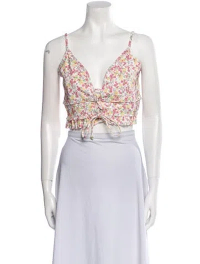 Pre-owned Loveshackfancy Floral Print V-neck Crop Top In Yellow