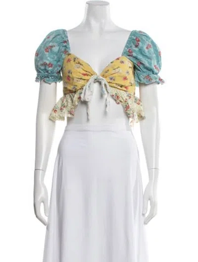 Pre-owned Loveshackfancy Floral Print V-neck Crop Top In Yellow