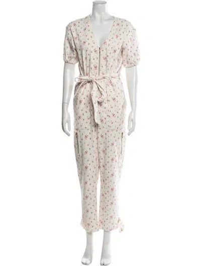 Pre-owned Loveshackfancy Floral Print V-neck Jumpsuit In White