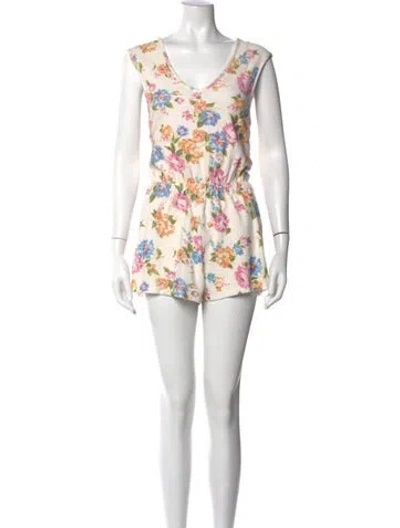 Pre-owned Loveshackfancy Floral Print V-neck Romper In Neutral
