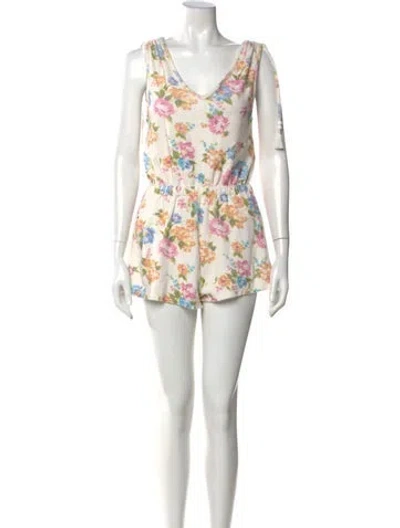 Pre-owned Loveshackfancy Floral Print V-neck Romper In Neutral
