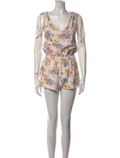 Pre-owned Loveshackfancy Floral Print V-neck Romper In Neutrals