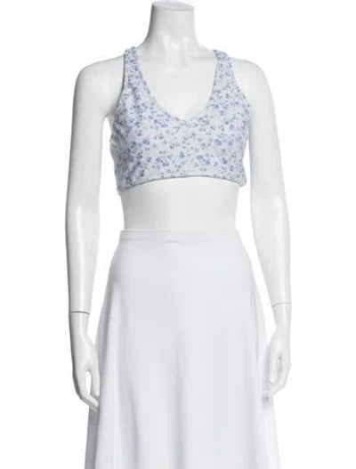Pre-owned Loveshackfancy Floral Print V-neck Sports Bra In White
