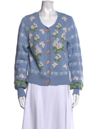 Pre-owned Loveshackfancy Floral Print V-neck Sweater In Blue