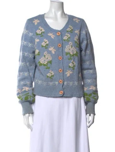 Pre-owned Loveshackfancy Floral Print V-neck Sweater In Blue