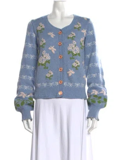 Pre-owned Loveshackfancy Floral Print V-neck Sweater In Blue