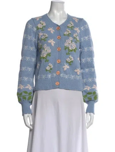 Pre-owned Loveshackfancy Floral Print V-neck Sweater In Blue