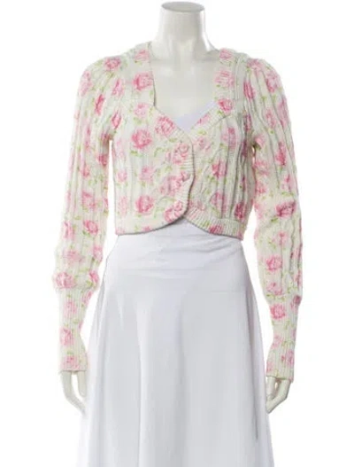 Pre-owned Loveshackfancy Floral Print V-neck Sweater In White