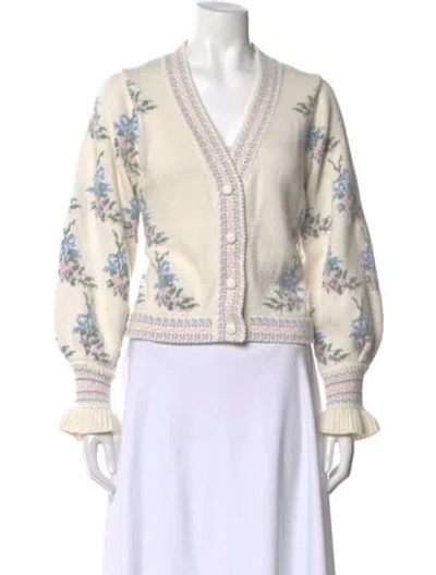 Pre-owned Loveshackfancy Floral Print V-neck Sweater In White