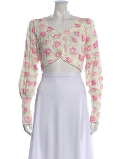 Pre-owned Loveshackfancy Floral Print V-neck Sweater In White