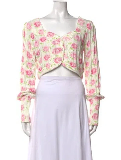 Pre-owned Loveshackfancy Floral Print V-neck Sweater In White