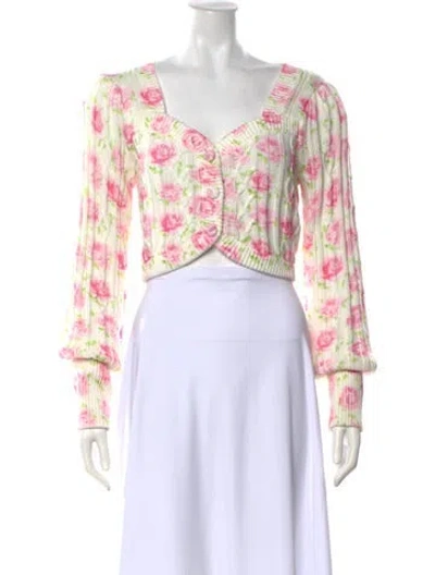 Pre-owned Loveshackfancy Floral Print V-neck Sweater In White