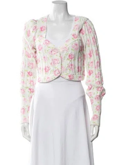 Pre-owned Loveshackfancy Floral Print V-neck Sweater In White