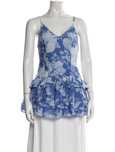 Pre-owned Loveshackfancy Floral Print V-neck Top In Blue