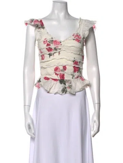 Pre-owned Loveshackfancy Floral Print V-neck Top In Neutrals