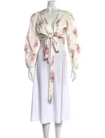 Pre-owned Loveshackfancy Floral Print V-neck Top In White