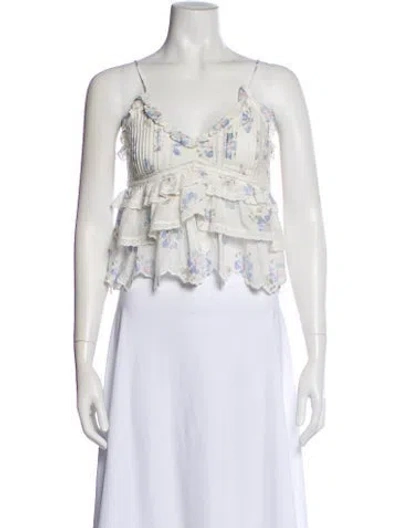 Pre-owned Loveshackfancy Floral Print V-neck Top In White