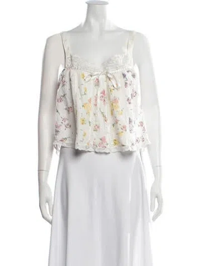Pre-owned Loveshackfancy Floral Print V-neck Top In White