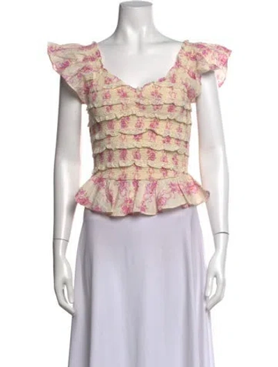 Pre-owned Loveshackfancy Floral Print V-neck Top In Yellow