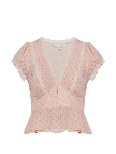 Loveshackfancy Floral-print Lace-trim Top In Pink