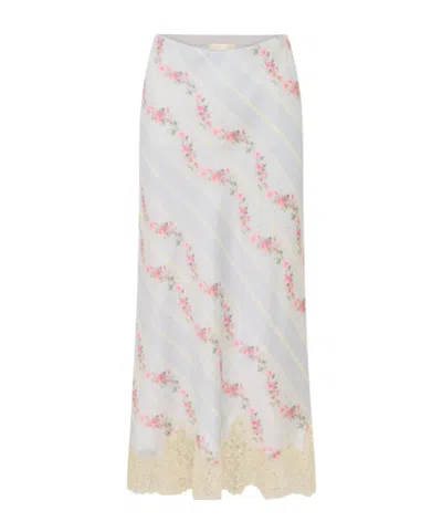 Loveshackfancy Foral-print Satin Midi Skirt In Wavecrest Blue