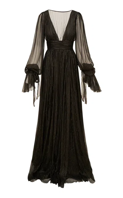 Loveshackfancy Galatea Metallic Silk Chiffon Maxi Dress In Black