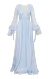 Loveshackfancy Galatea Metallic Silk Chiffon Maxi Dress In Light Blue