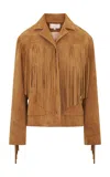 Loveshackfancy Geraline Fringed Suede Jacket In Tan