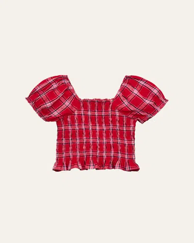Loveshackfancy Kids' Girl's Fabielle Smocked Tartan Top In Red
