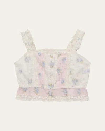 Loveshackfancy Kids' Girl's Jessamine Mixed Print Top In Neutral