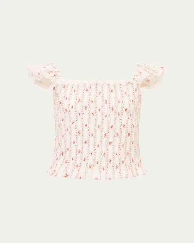 Loveshackfancy Kids' Girl's Caspia Smocked Striped Floral Cotton Top In Red