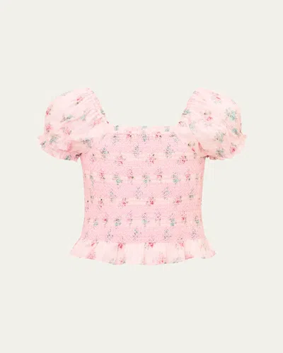 Loveshackfancy Kids' Girl's Tween Fabielle Smocked Floral Cotton Top In Pink