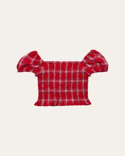 Loveshackfancy Kids' Girl's Tween Fabielle Smocked Tartan Top In Red