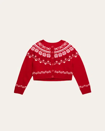 Loveshackfancy Kids' Girl's Wrenna Fair Isle Wool Cardigan In Red
