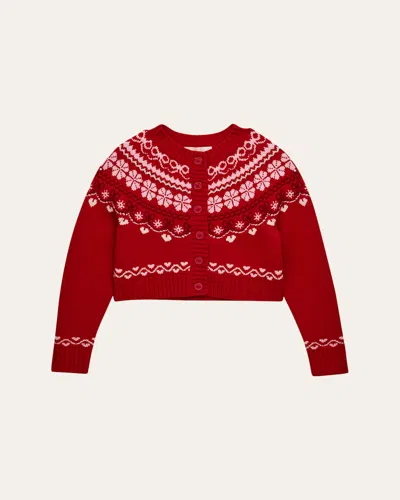 Loveshackfancy Kids' Girl's Wrenna Tween Fair Isle Wool Cardigan In Red