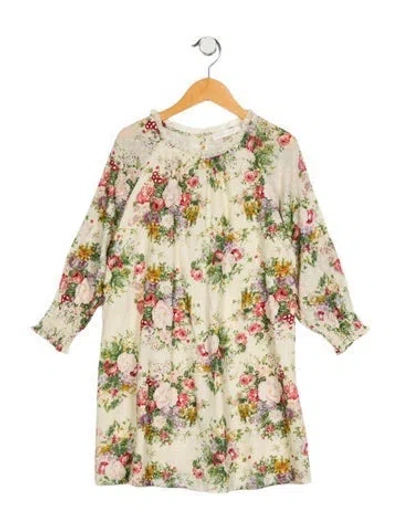 Pre-owned Loveshackfancy Kids' Girls' Floral Print Long Sleeve Dress In Neutrals