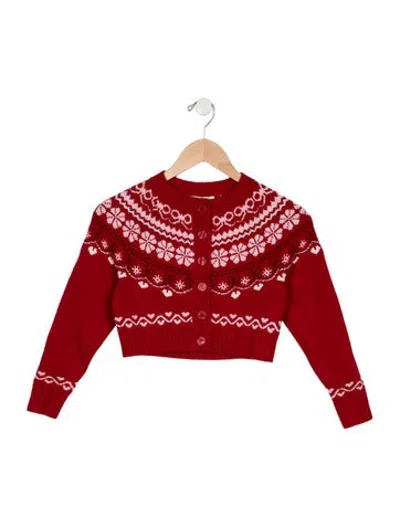 Pre-owned Loveshackfancy Kids' Girls' Pattern Printed Wool Cardigan W/tags In Pink/red