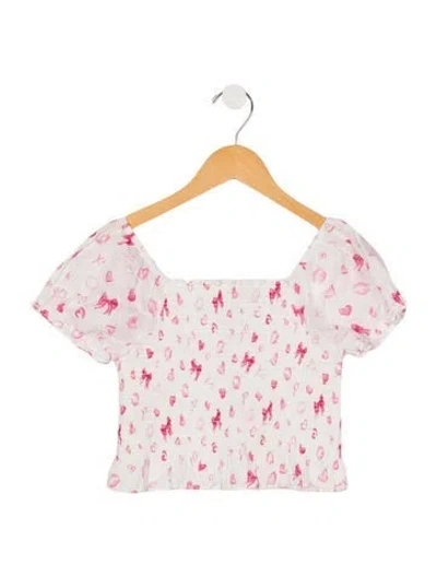 Pre-owned Loveshackfancy Kids' Girls Pleated Pattern Printed Top In White