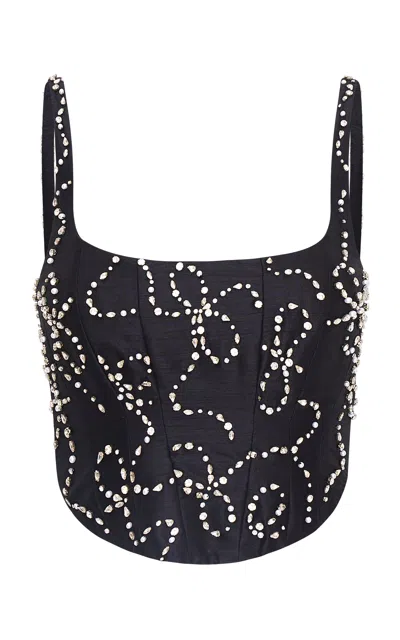 Loveshackfancy Glorianna Crystal-embellished Satin Corset Top In Black