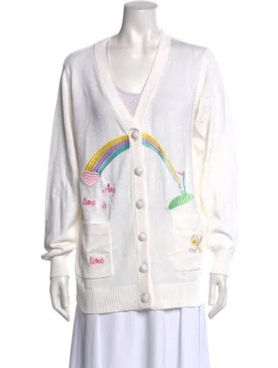 Pre-owned Loveshackfancy Graphic Print V-neck Sweater W/ Tags In White