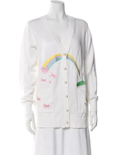 Pre-owned Loveshackfancy Graphic Print V-neck Sweater In White