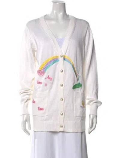 Pre-owned Loveshackfancy Graphic Print V-neck Sweater In White