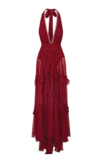 Loveshackfancy Hasmina Crinkled Silk Maxi Dress In Red