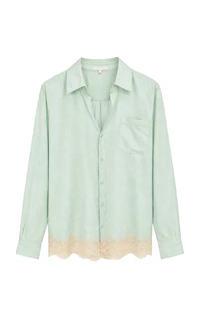 Loveshackfancy Hudley Contrast Lace-trim Silk-blend Shirt In Green