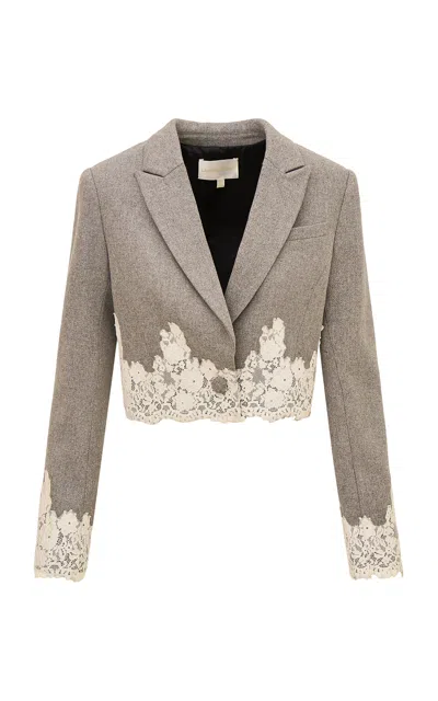 Loveshackfancy Icarus Lace-trimmed Wool-blend Cropped Blazer In Grey