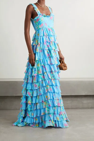 Loveshackfancy Idra Tiered Floral-print Voile Maxi Dress In Blue