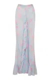 Loveshackfancy Ilya Floral Chiffon Maxi Skirt In Blue