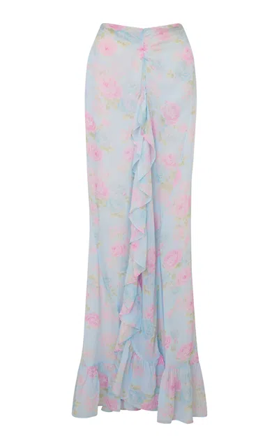 Loveshackfancy Ilya Floral Chiffon Maxi Skirt In Blue